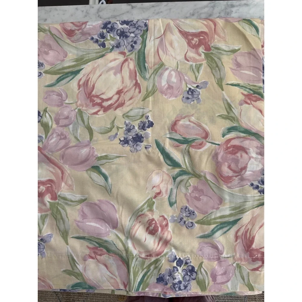 Vintage The Bibb Company Floral Tulip Flat Sheet Full Size Made in USA Cream